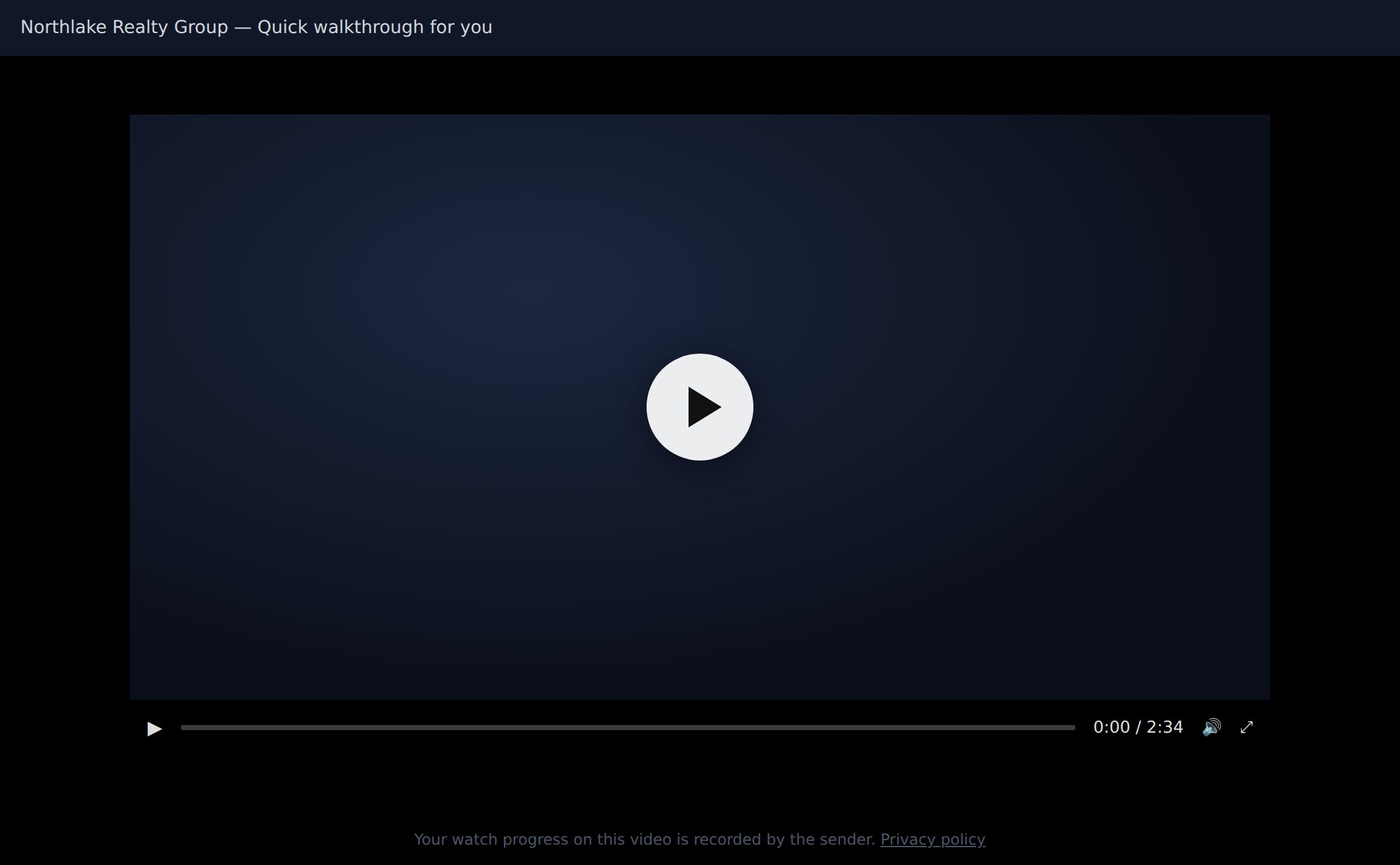 A genuine myvideourl.com viewer page: the sender's name in the top bar, a video player in the middle, and a tracking disclosure at the bottom